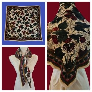 Vintage 1980s Deadstock Italian Fruit Leaves Herringbone Woven Square Scarf